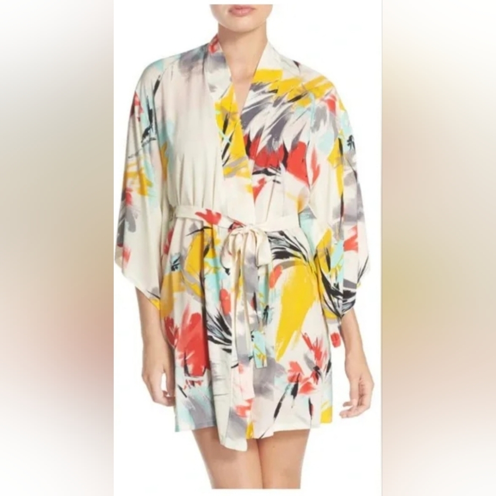 Josie Natori Brush Print Happi Coat Robe. - Picture 2 of 16